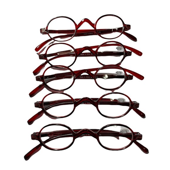 Mini Oval Round Reading Glasses with Spring Temple Sunshine - Red 5-pack +0.75 - Picture 4 of 4